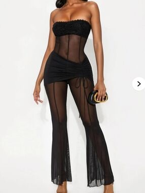 Fashion Nova Black Strapless Sheer Mesh Flare Jumpsuit